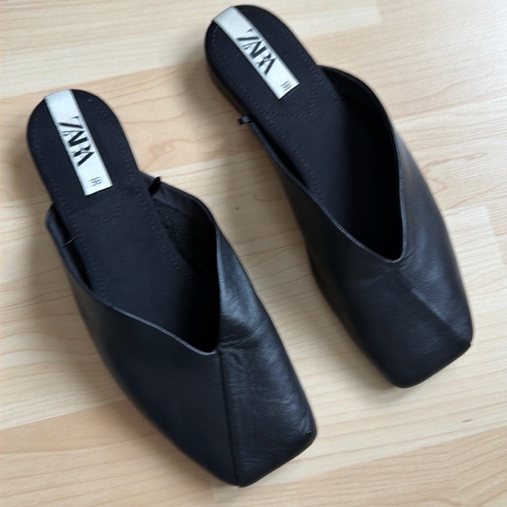 Zara black square toes genuine leather flats mules, size EU 36/ US 6